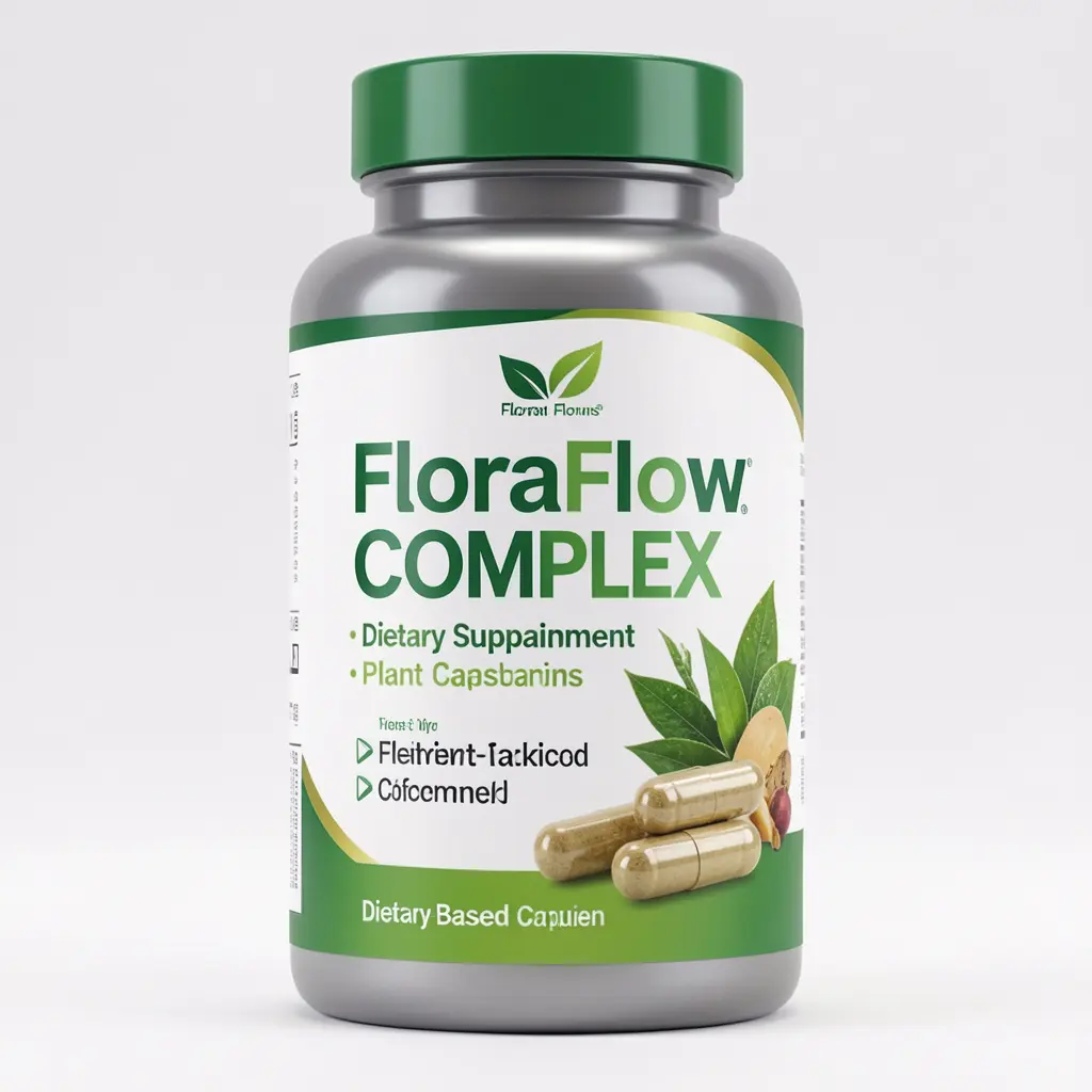 FloraFlow Complex dietary supplement bottle with plant-based capsules, front view